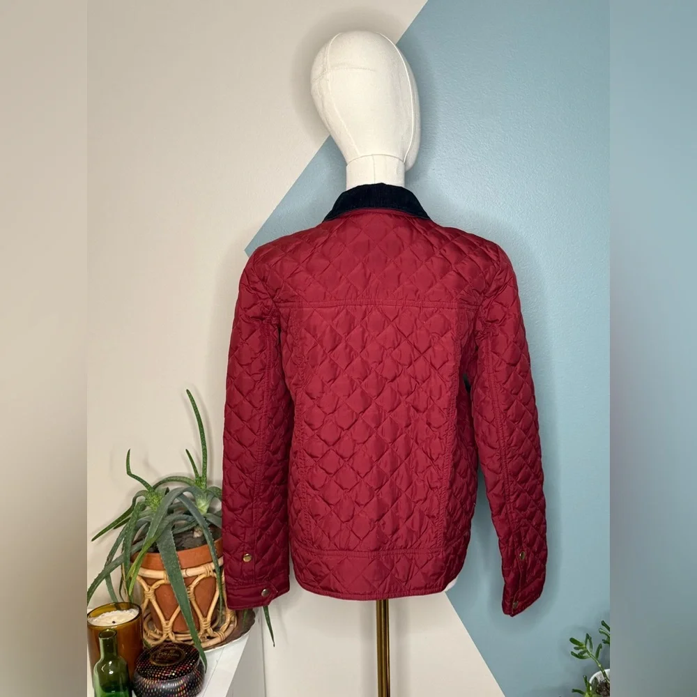 J.Crew Quilted Down Barn Jacket Corduroy Collar Wine Red Field Coat Woman’s S - Picture 5 of 12